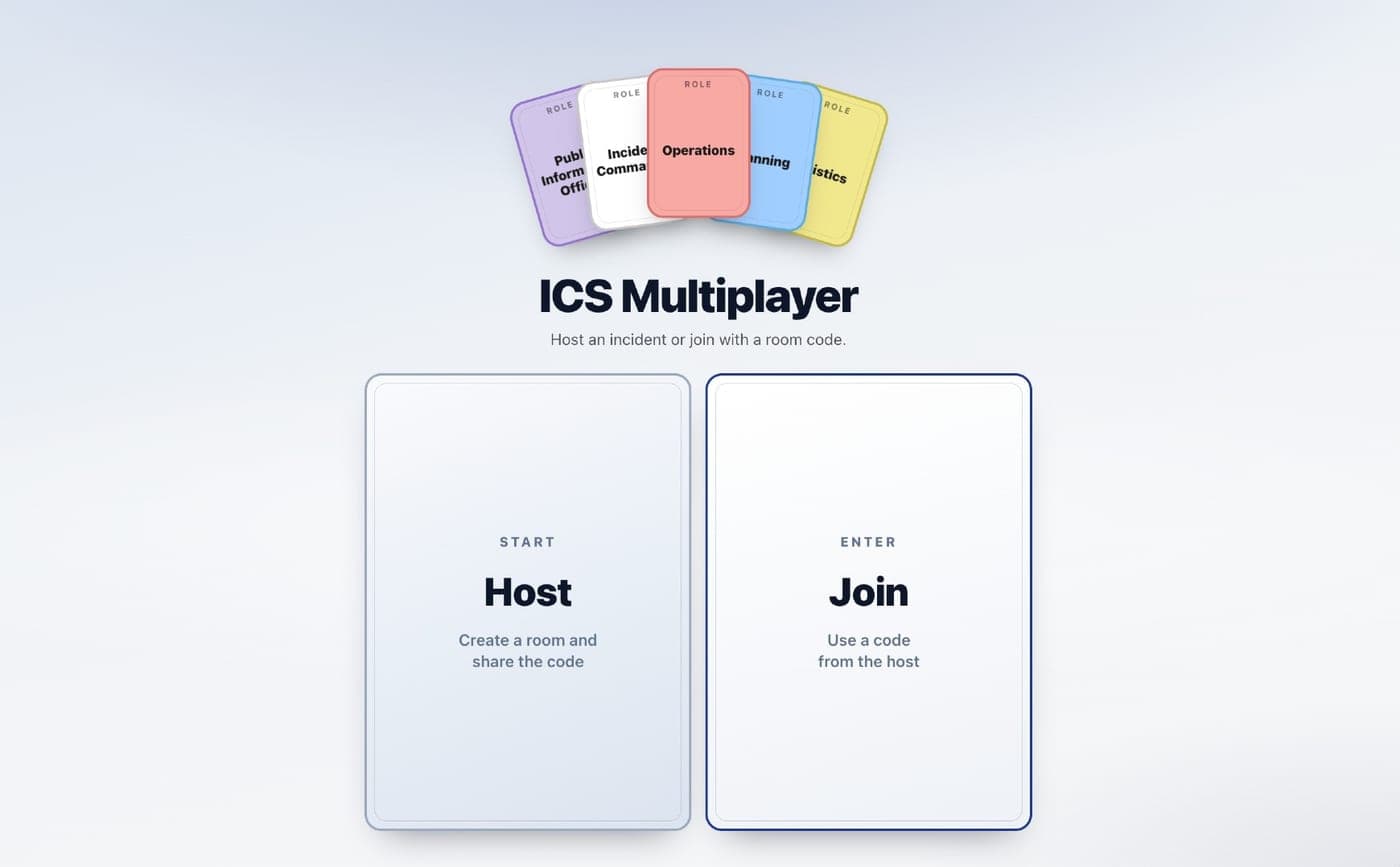 ICS Roles digital game lobby with Join a Game and Create a New Game options